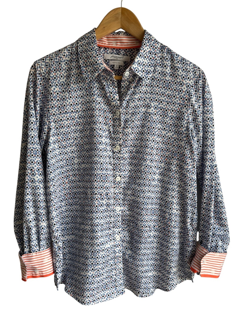 Foxcroft Shaped Button Down Shirt Sz 10 Geo Long Sleeve Printed Top Office EUC